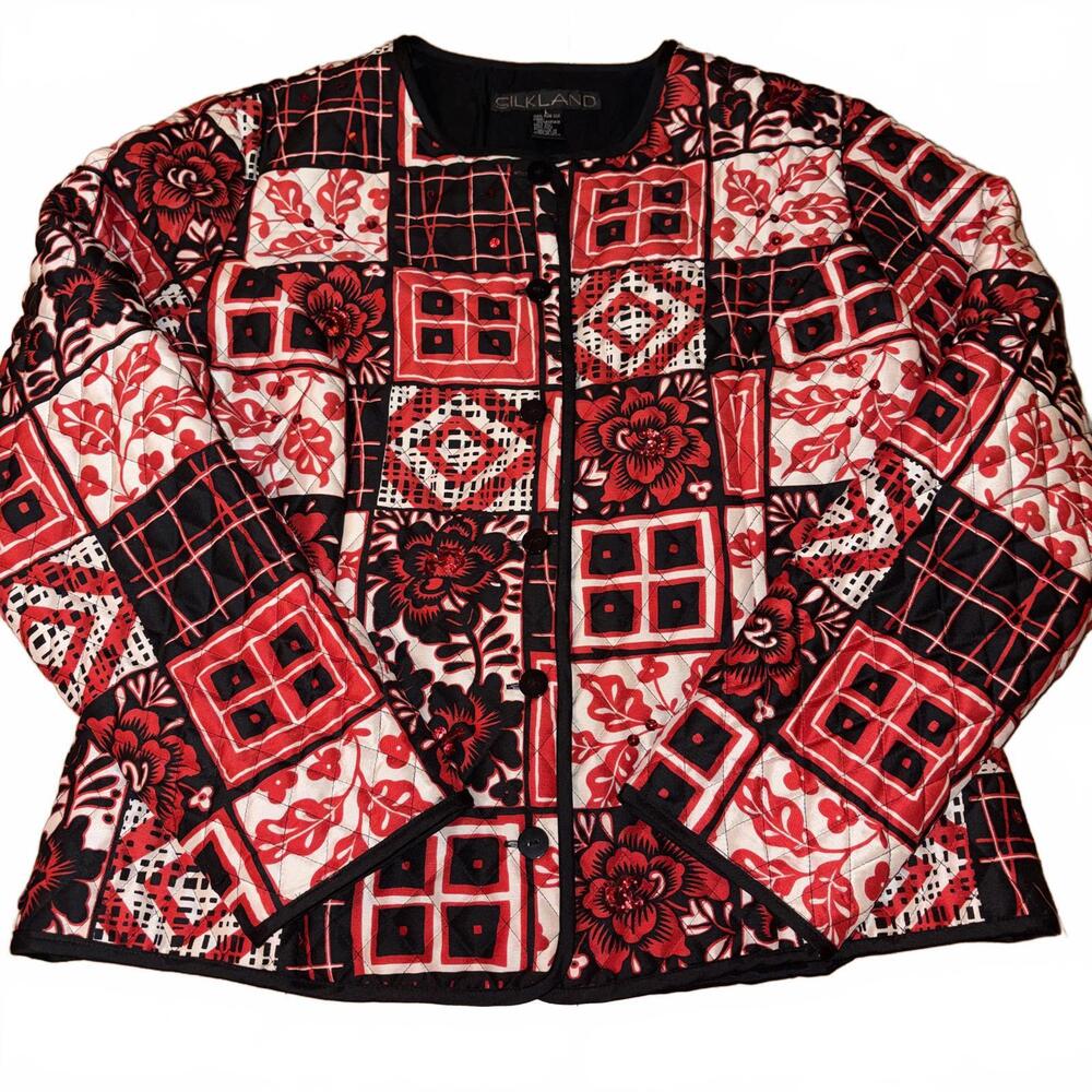 Silkland Quilted Floral Patchwork Jacket Red Black White 100% Silk Luxury